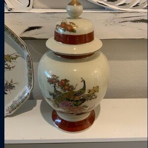 Elegant Cream and Brown Ceramic Vintage porcelain vase with picture of peacock